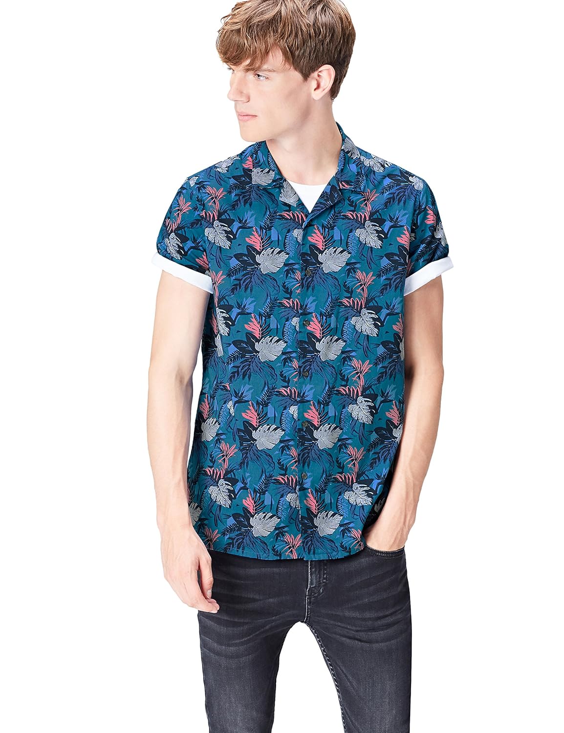 find 男式热带印花短袖常规款衬衫 blue (turquoise tropical) s