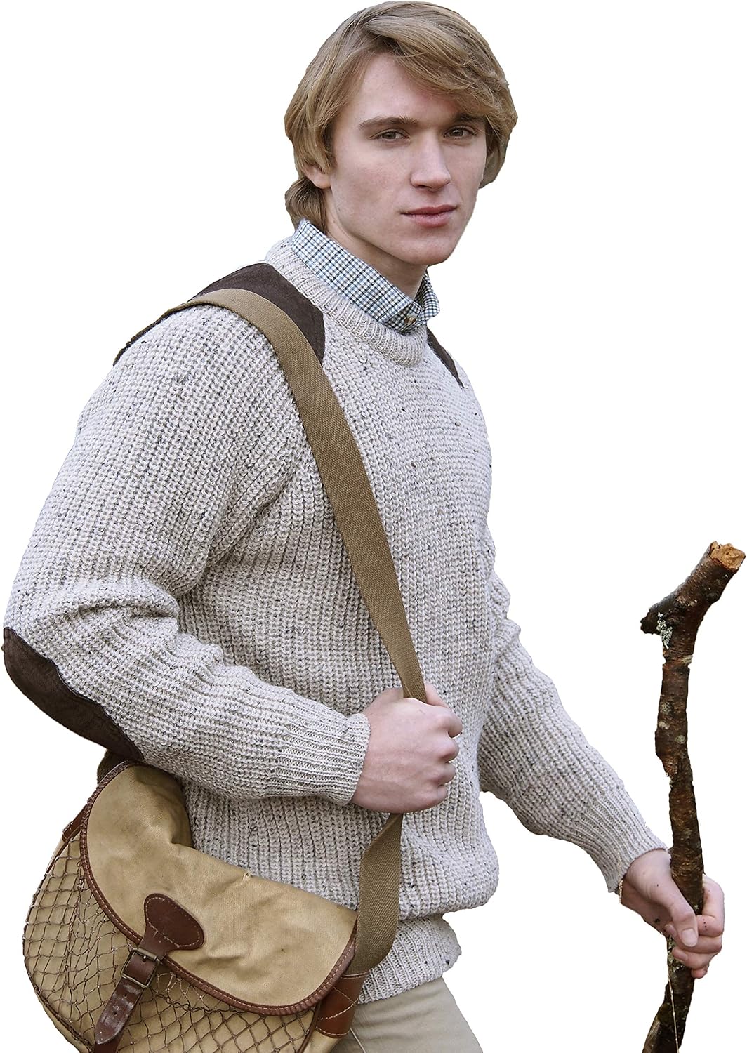 aran crafts 男士渔夫爱尔兰圆领毛衣,带补丁(* 纯全新羊毛)