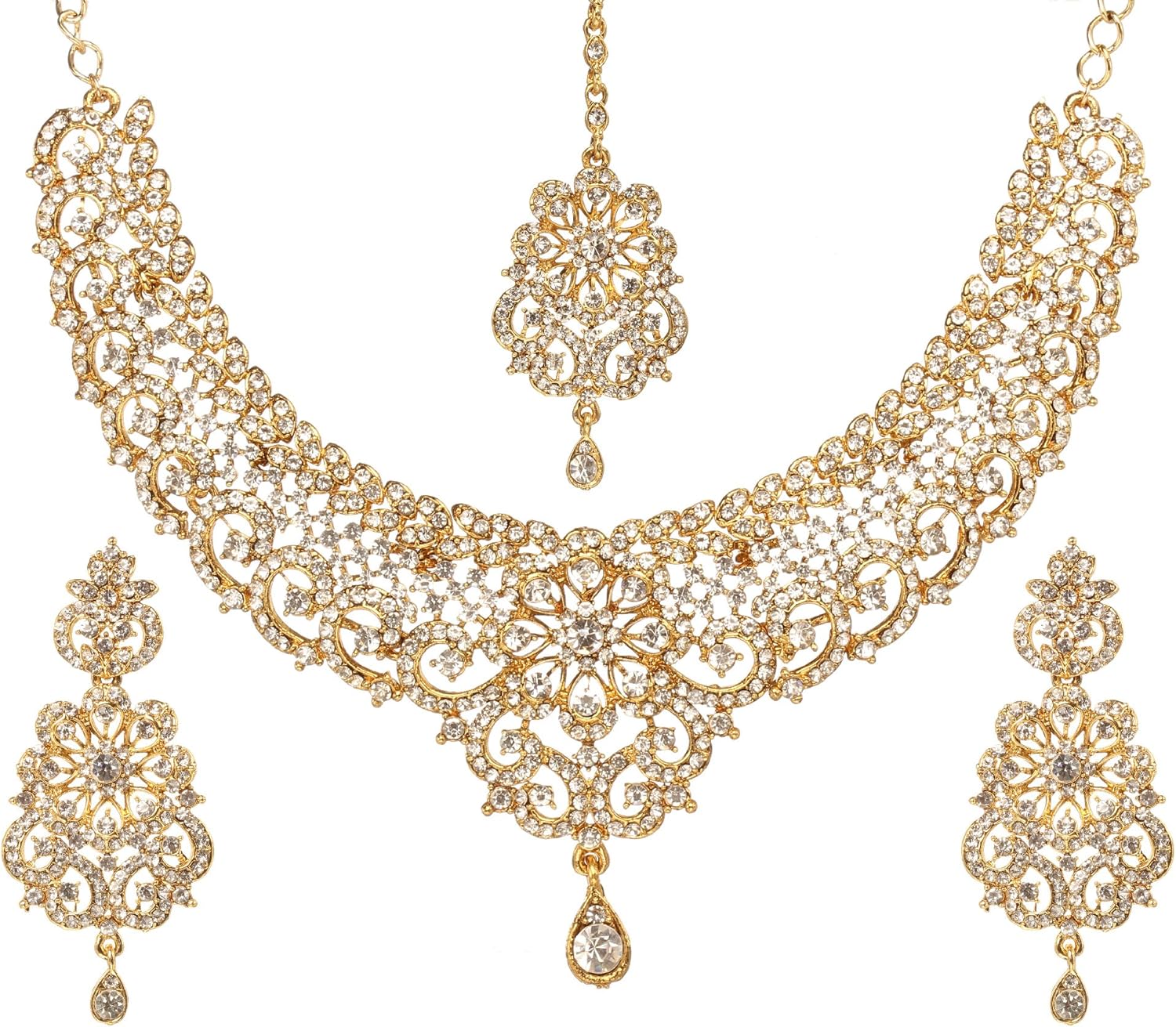 bindhani 印度镀金莱坞水钻新娘珠宝项链耳环 tikka 套装 女式