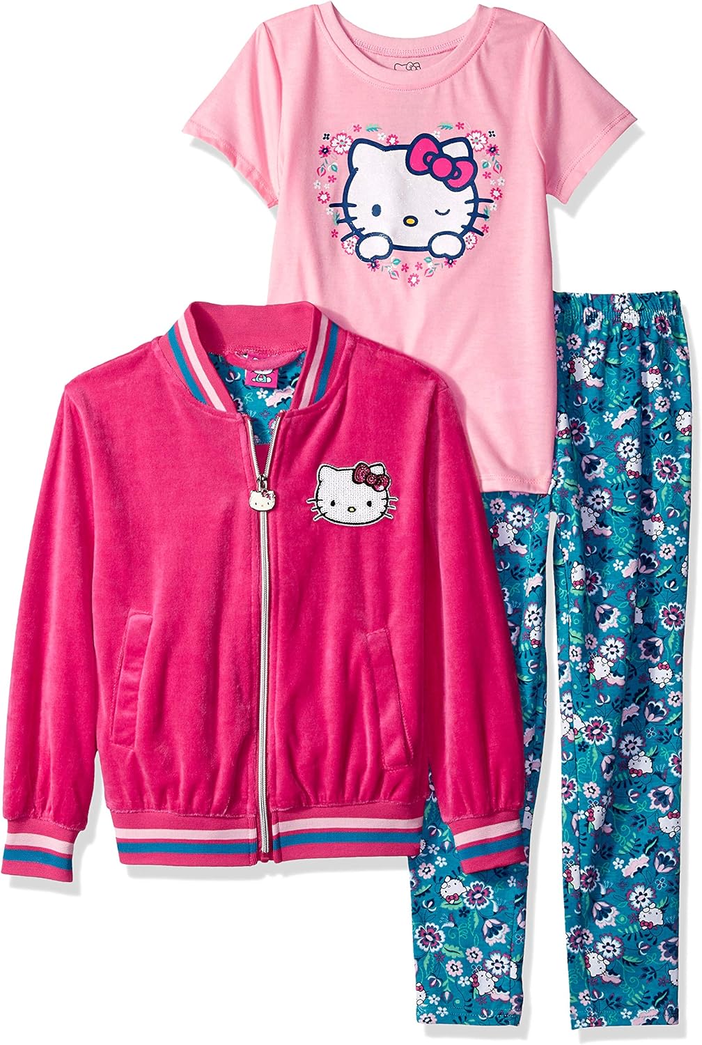 hello kitty 女童 3 件套开衫套装,带 t 恤和印花打底裤