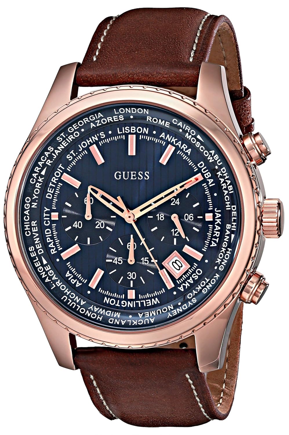 guess 男士不锈钢休闲皮革手表,颜色:玫瑰金色/棕色(型号:u0500g1)