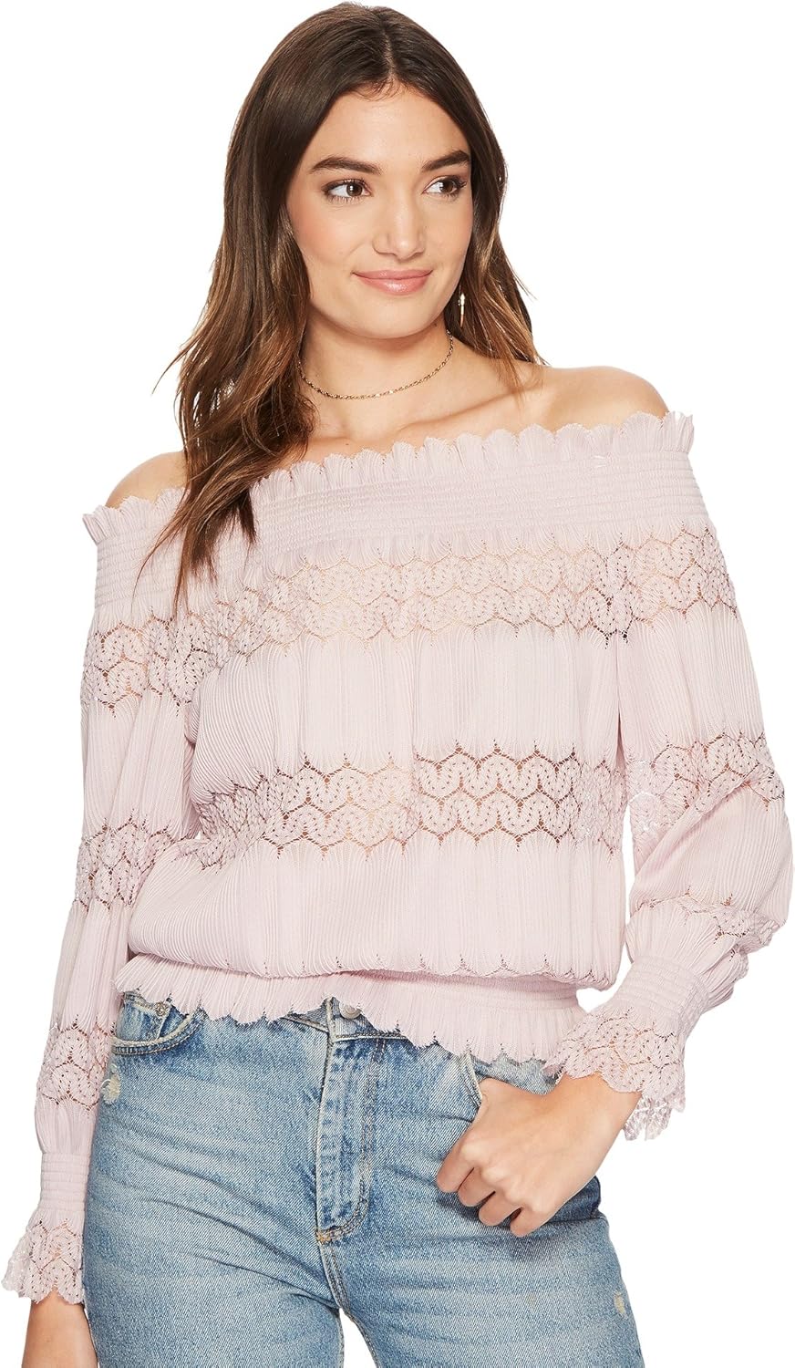 j.o.a. 女式款刺绣露肩针织蕾丝梦幻条纹上衣 pale lavender x-small