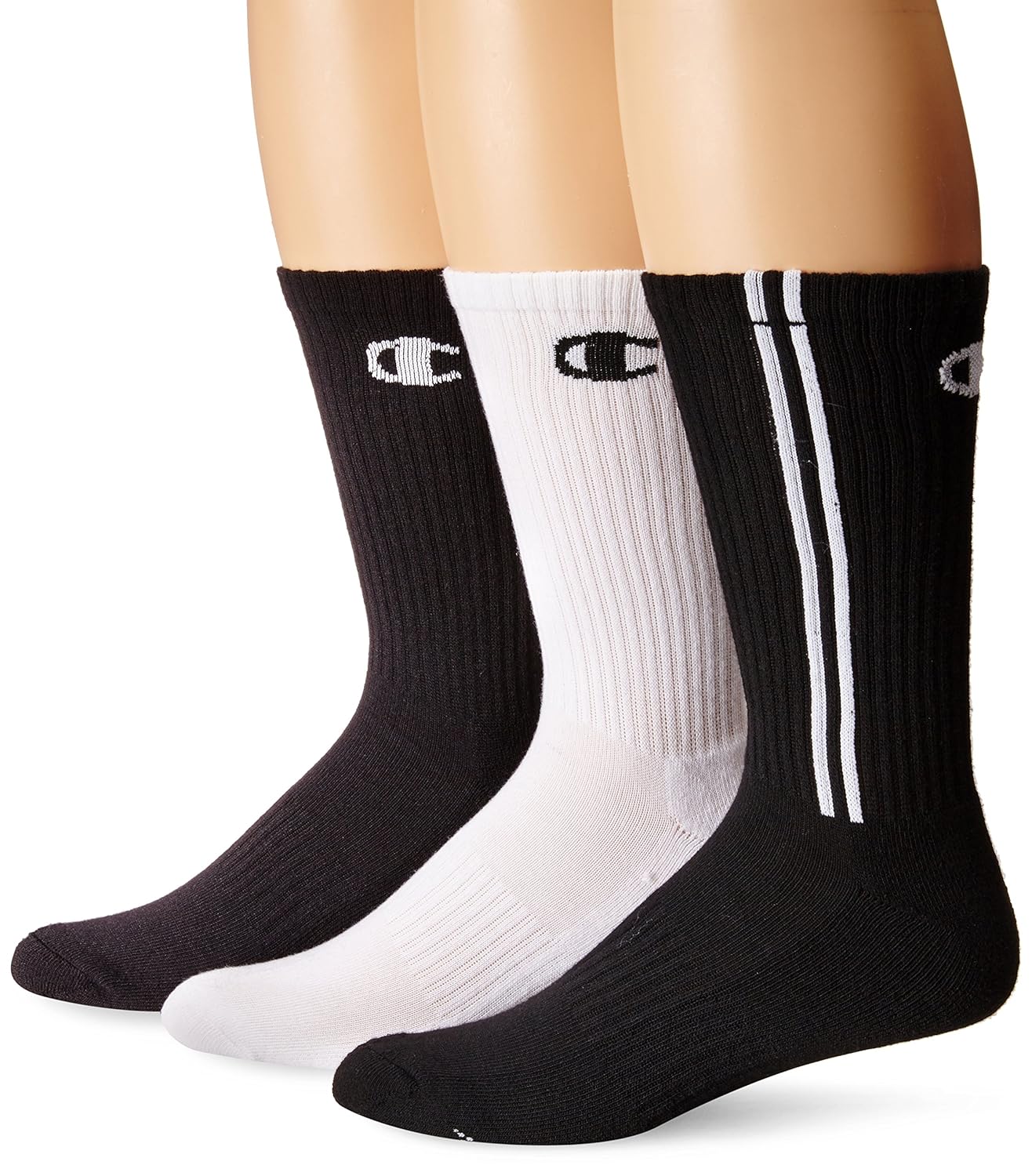 champion mens 3 pack dyed crew socks, black/white, 10-13/shoe