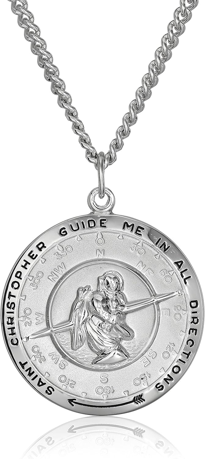 男士纯银圣克里斯托弗吊坠项链带不锈钢链,60.96 厘米