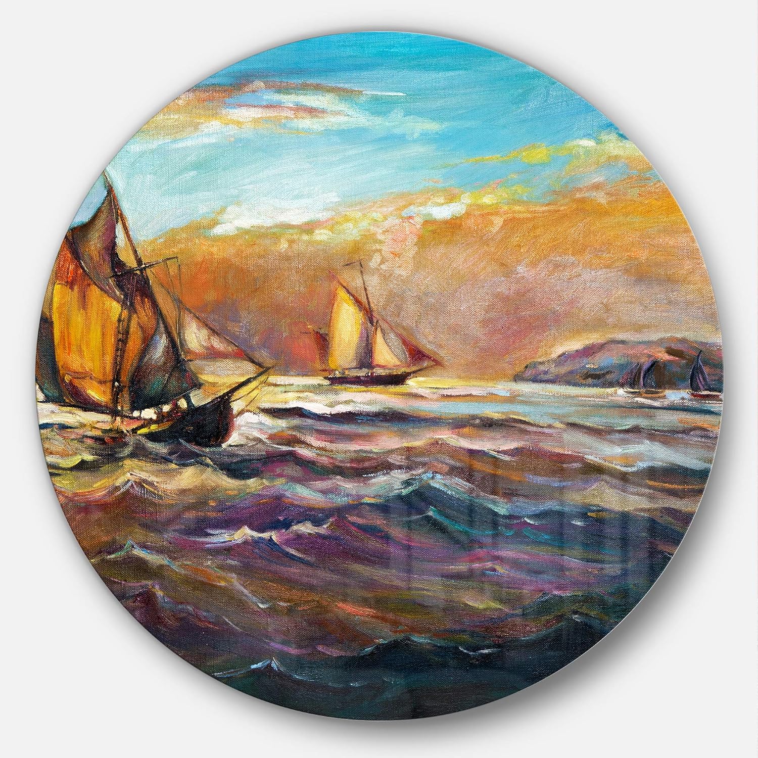 designart mt7626-c11 船在咆哮的海 - 海景画碟 - 圆盘,尺寸为 27.