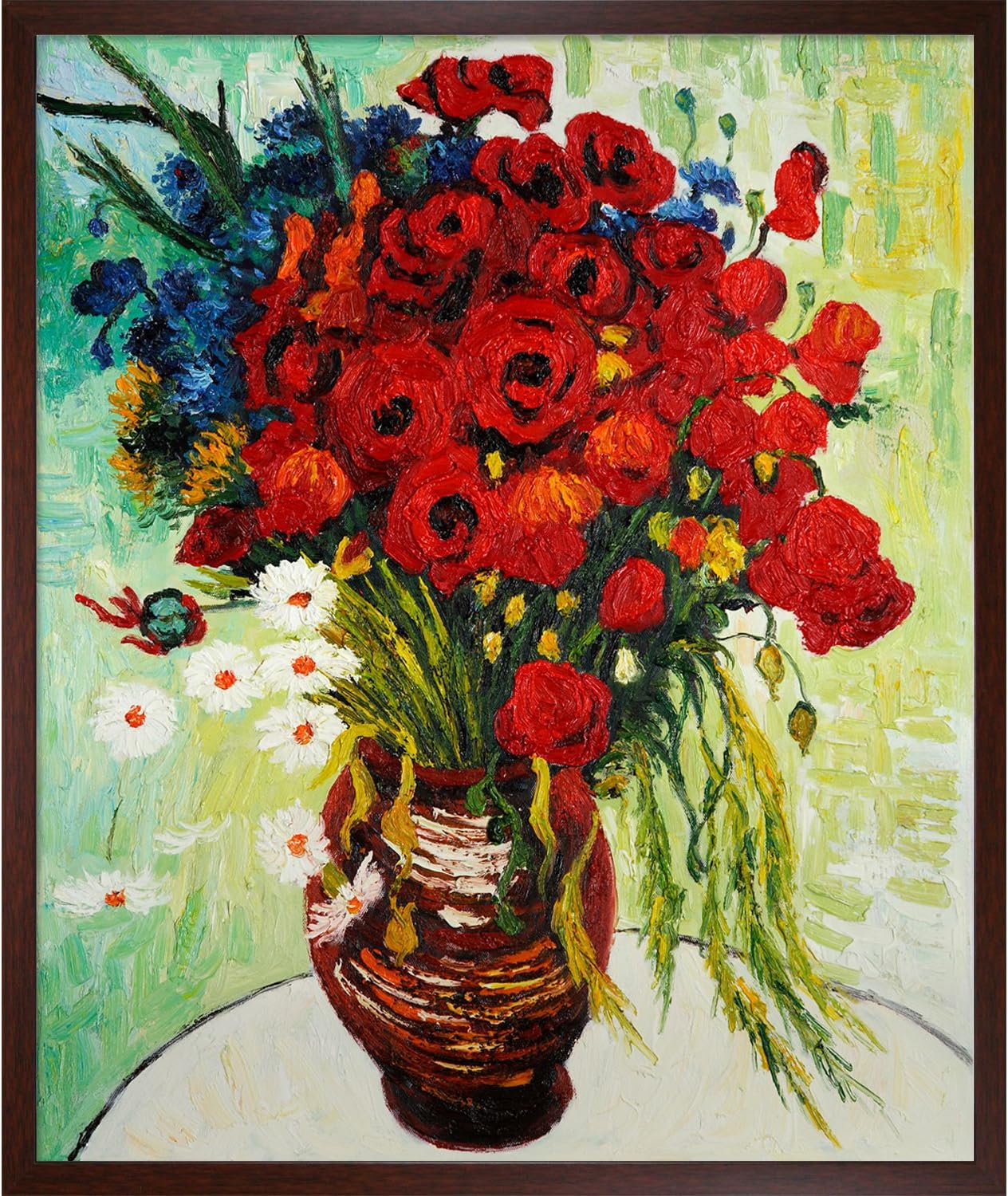 overstockart 梵高花瓶,带雏菊和罂粟花,工作室胡桃木框架