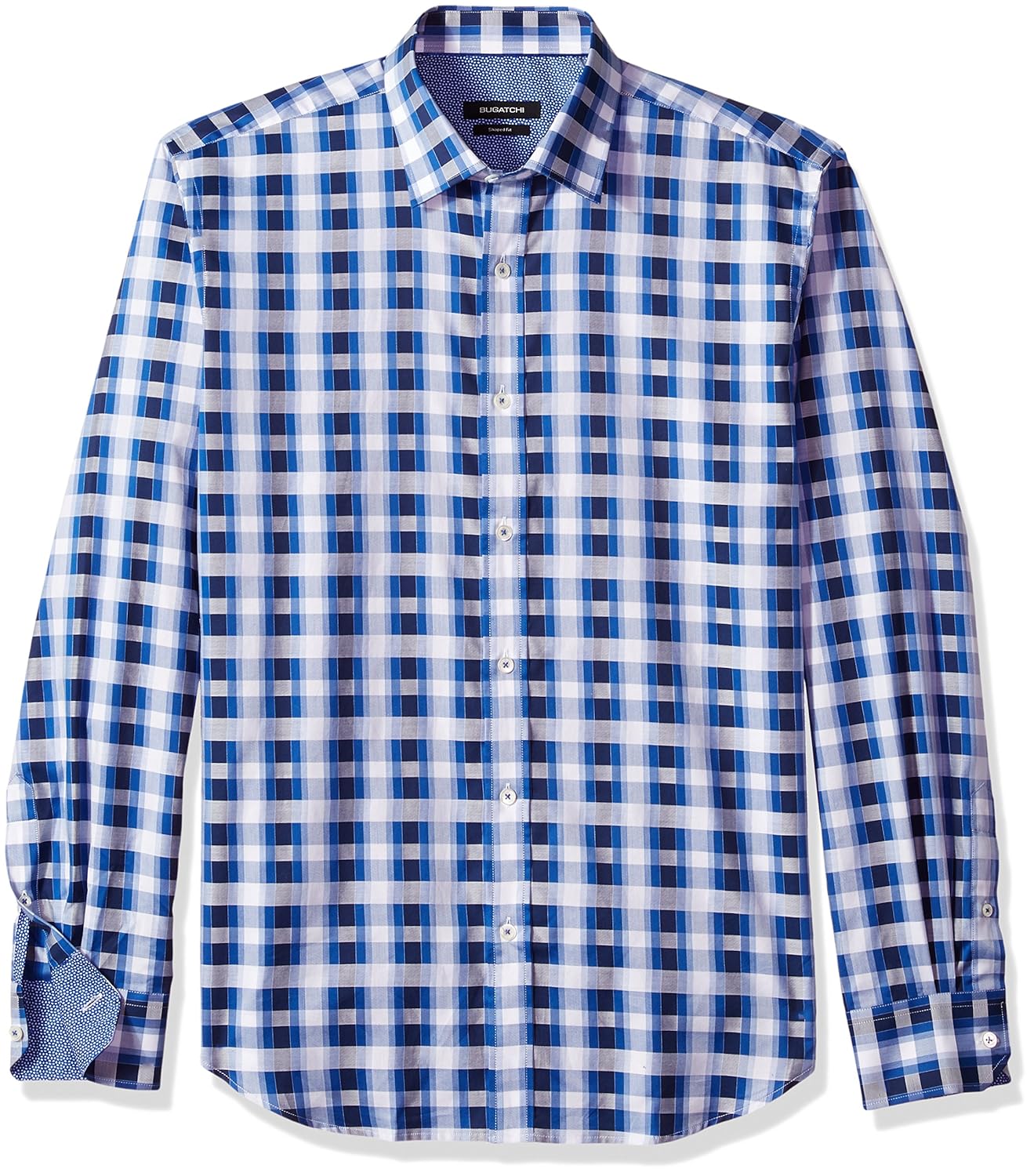 bugatchi 男士长袖修身窗格格子棉质衬衫 经典蓝色 small