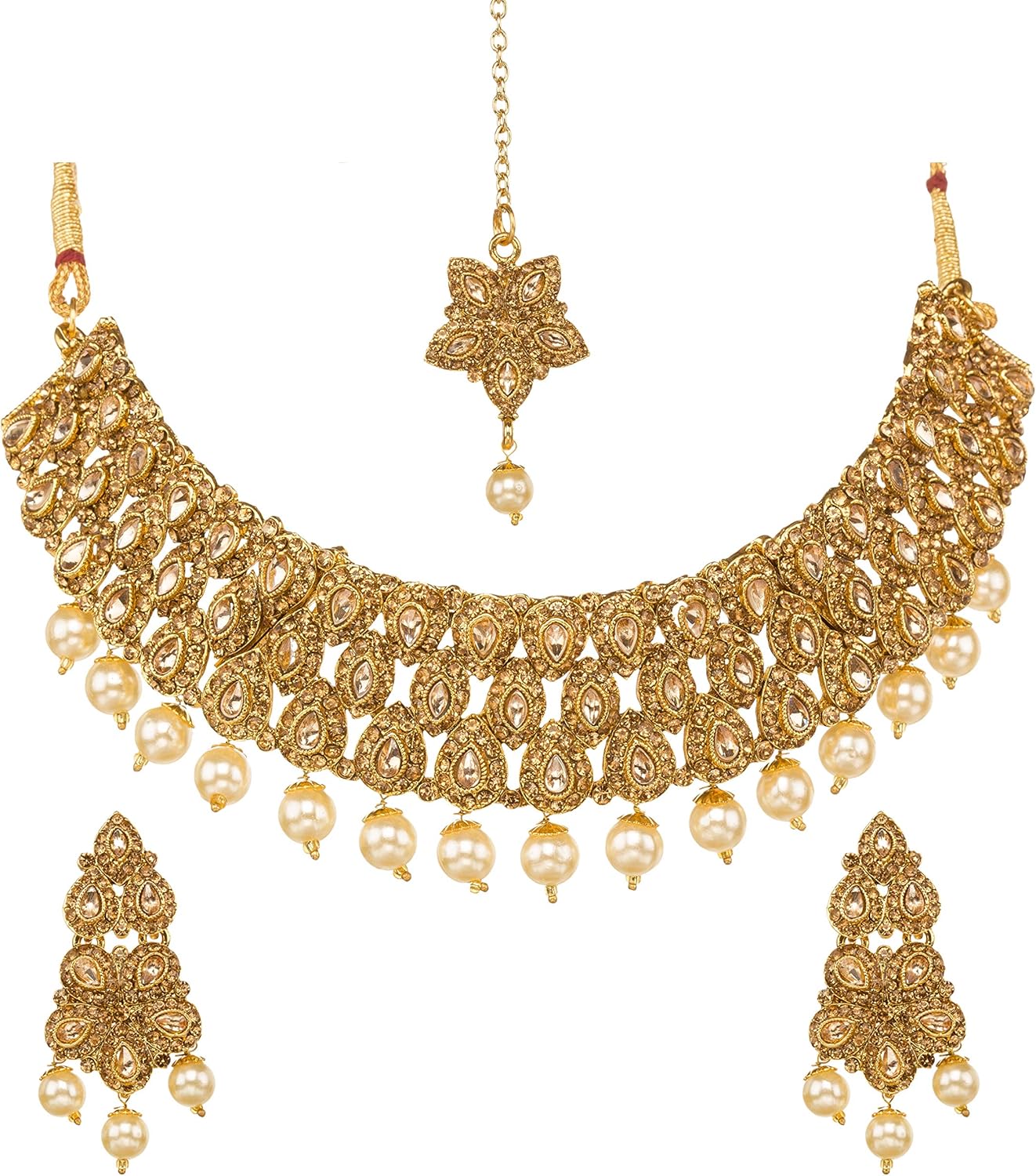 kundan 印度婚礼颈链项链耳环 tikkas 女士首饰套装(金色)-珠宝首饰