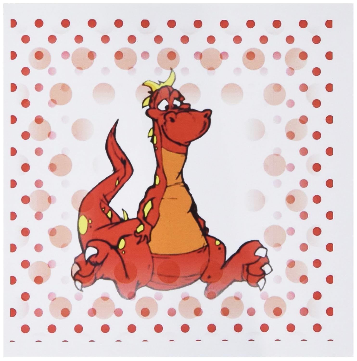 3drose print of cartoon red orange dragon on matching dots