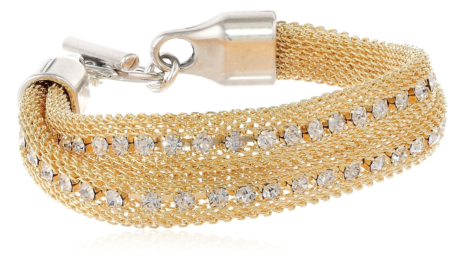 crystals and silver closure gold mesh chain cuff bracelet, 7"