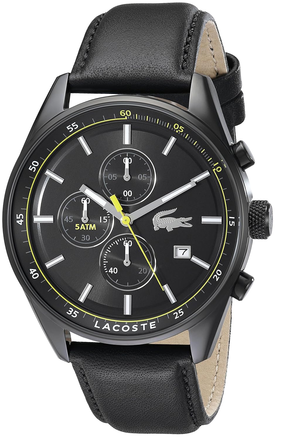 lacoste mens leather band steel case quartz black dial watch
