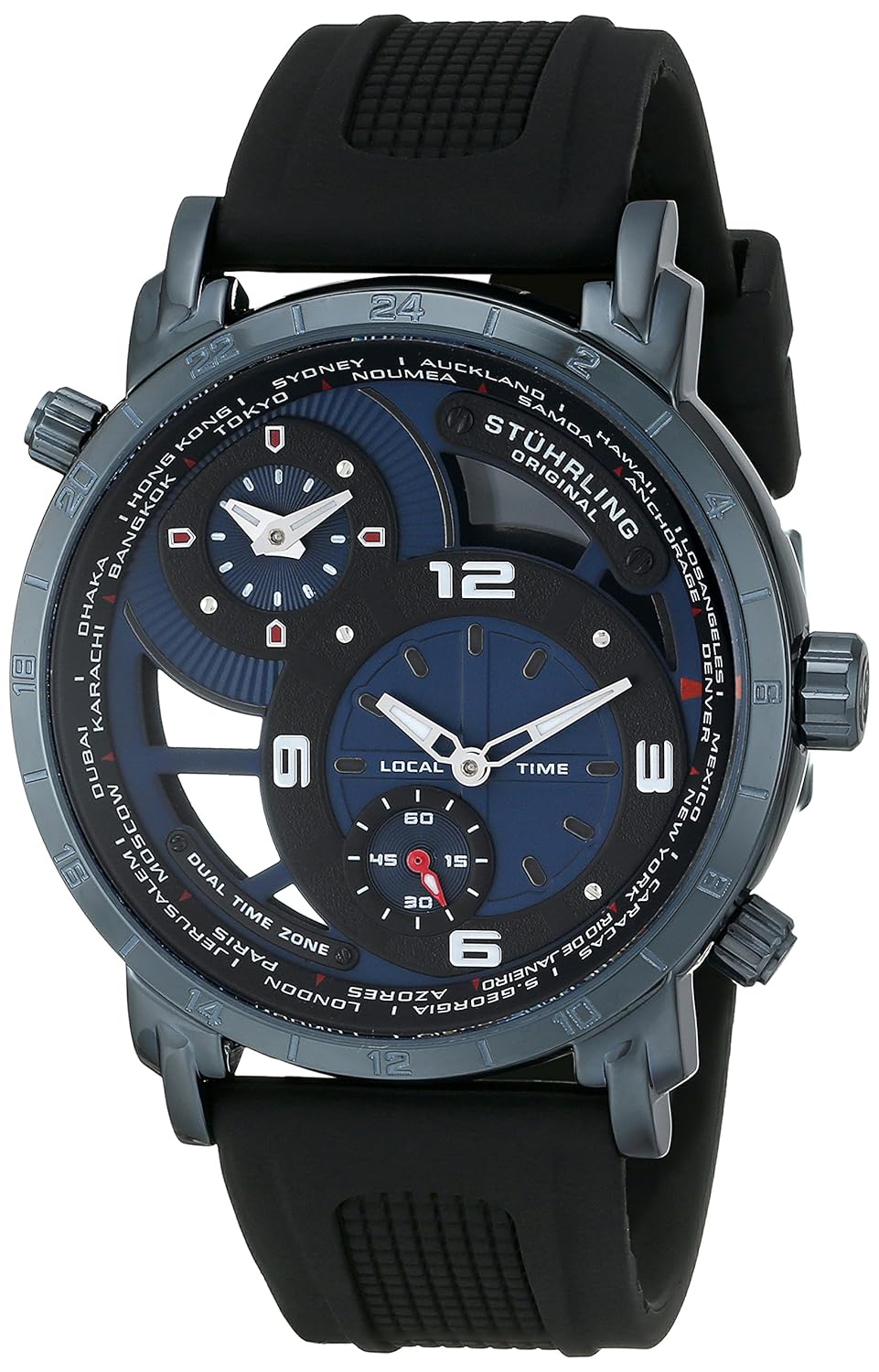 02 renegade swiss quartz world time blue ip rubber strap watch