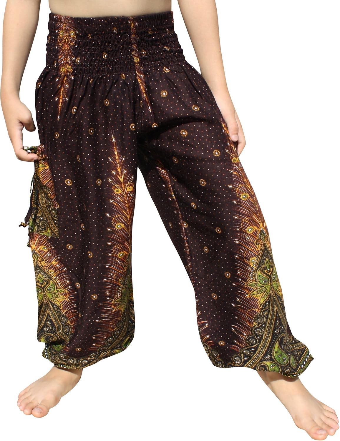 raanpahmuang 束腰宽松阿拉伯粘胶纤维人造纤维长裤带两个扎带口袋