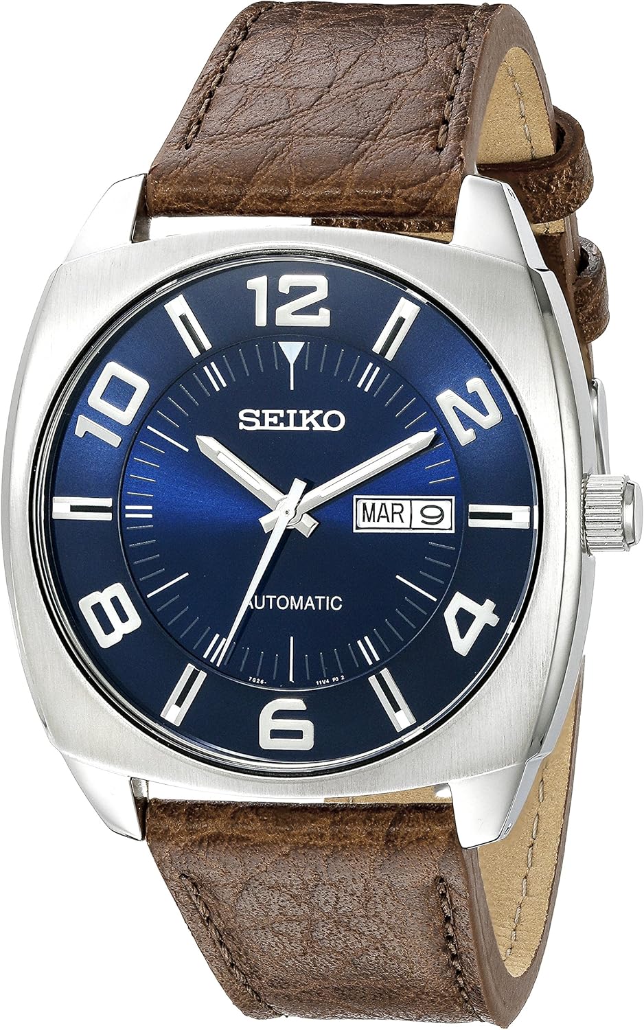 seiko 精工 男士snkn37不锈钢自动上发条手表,带有棕色皮革表带