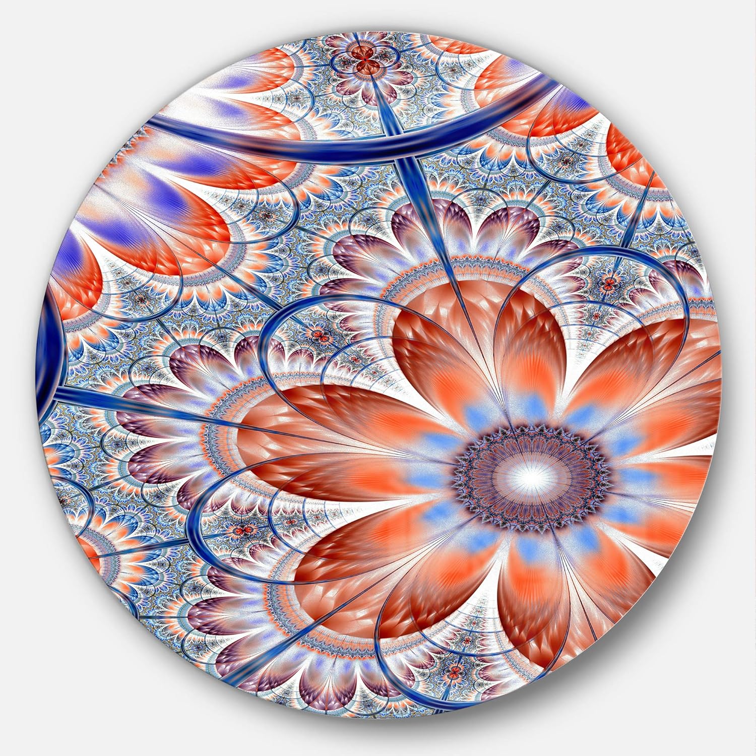 designart 棕色和蓝色分数花卉现代圆形金属墙壁艺术 黑色 11x11