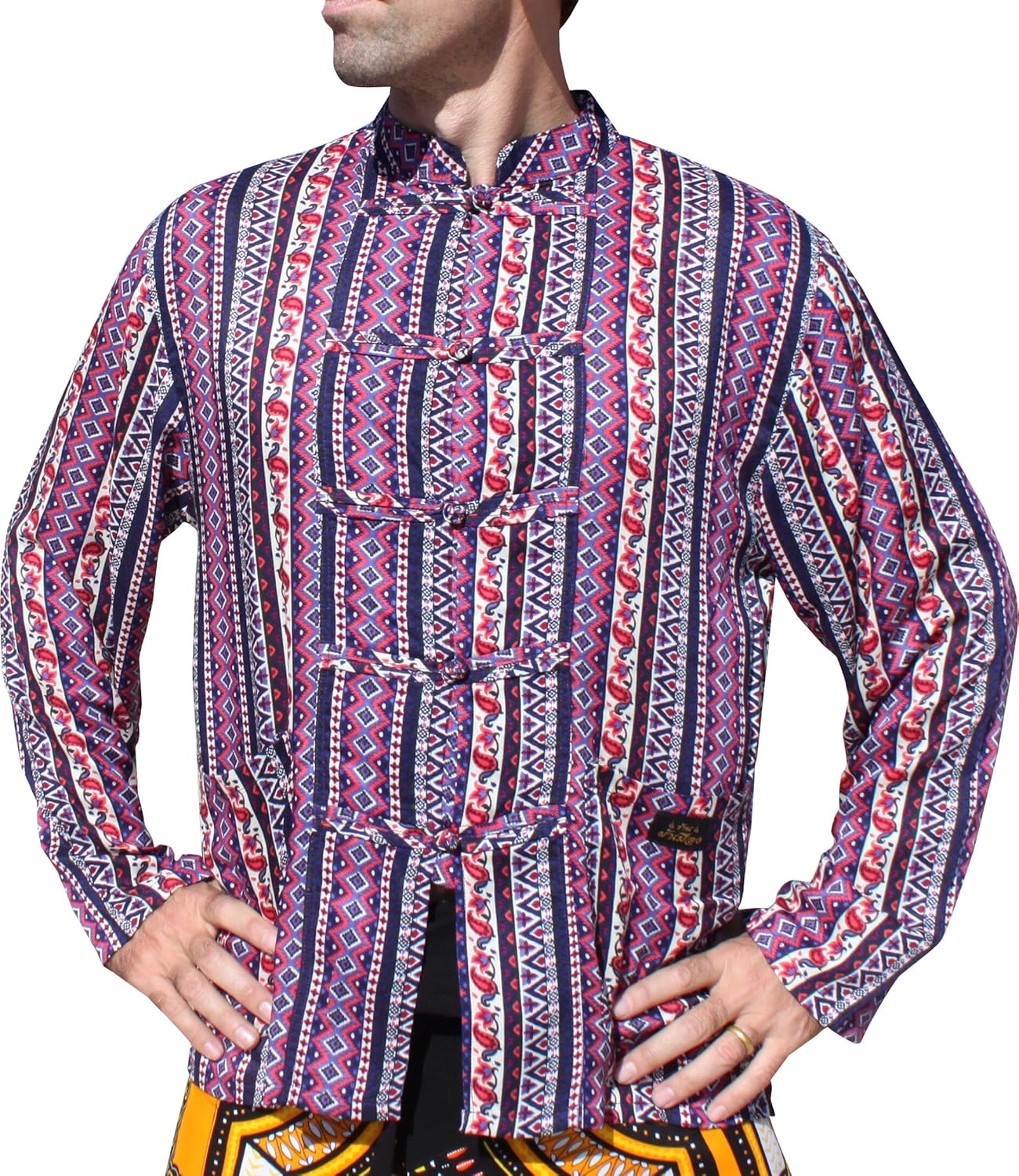 raan pah muang 品牌长袖 viscose 正式中国衬衫 泰国大象印花