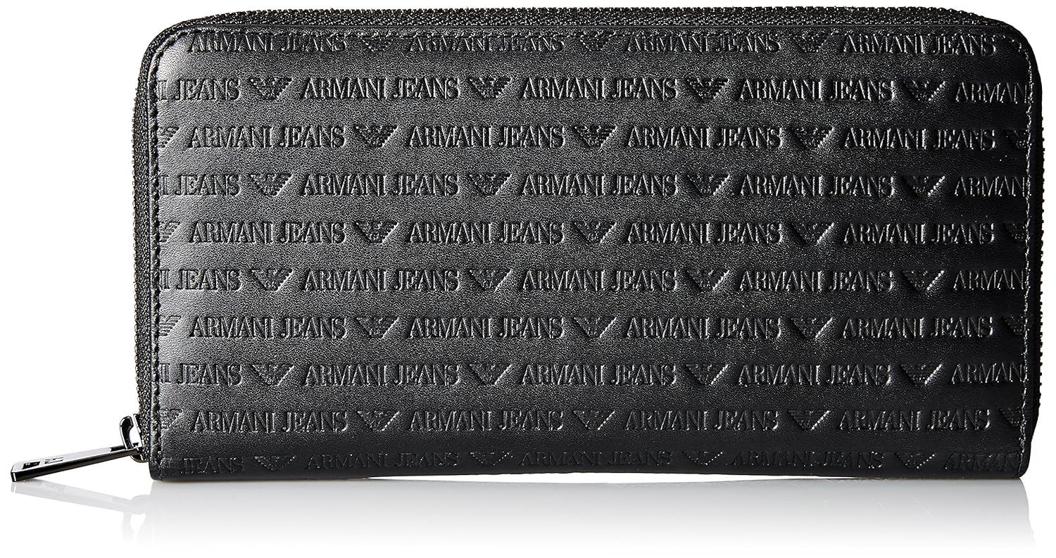 armani jeans 男式 all over logo 压花皮革圆形拉链钱包