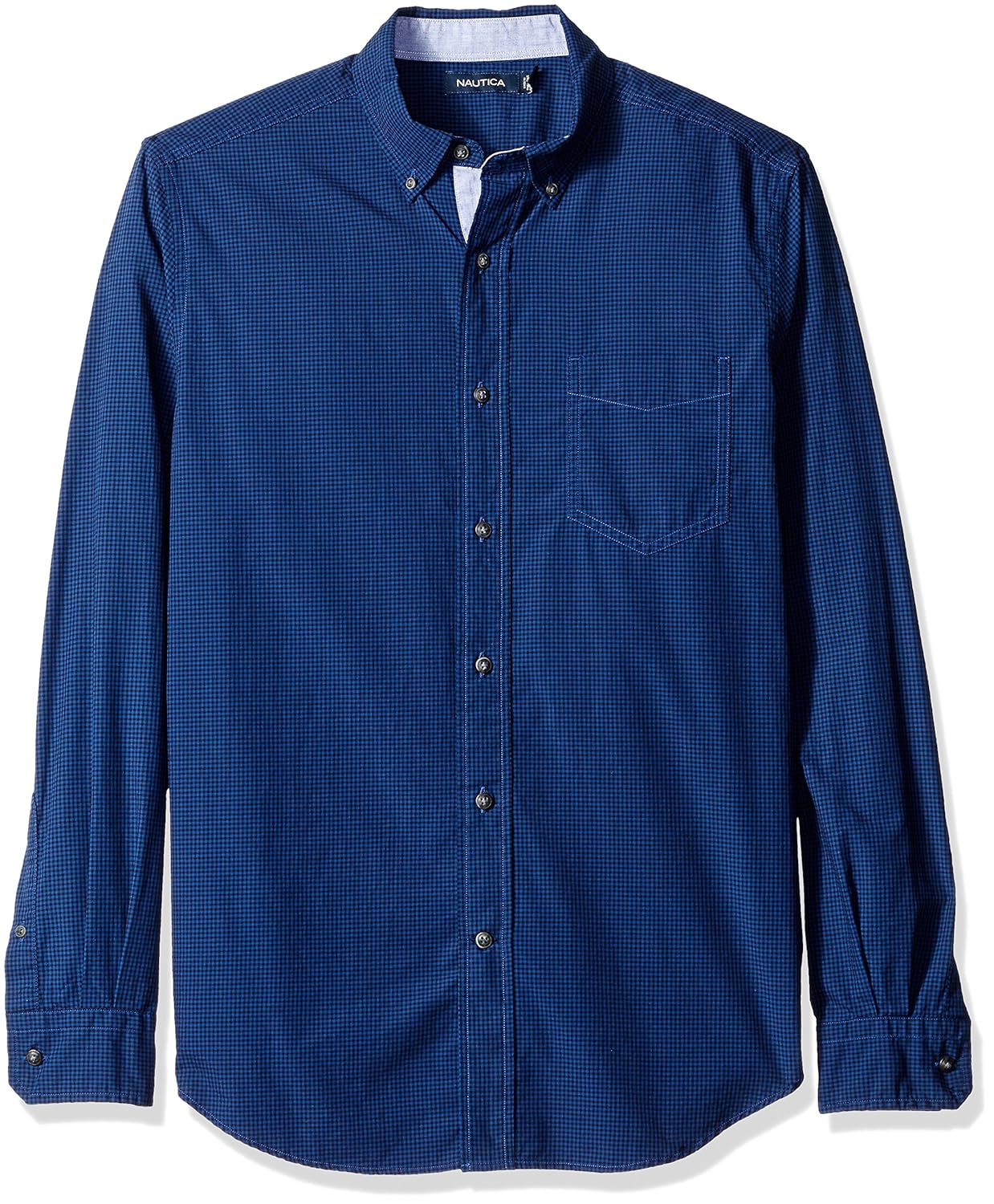 nautica 男式经典修身方格衬衫 灰蓝色 large